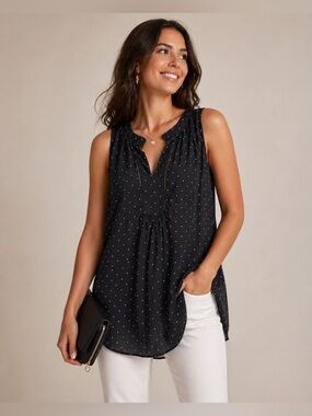 LOFT Plus Mix Media Black Sleeveless Blouse with White Dots, Polka Dots Sz 18